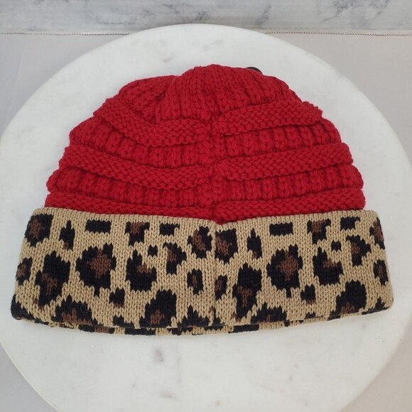 C.C Kids‎ Girl Beanie Leopard Animal Red tan Cableknit hat soft cozy - Picture 2 of 6